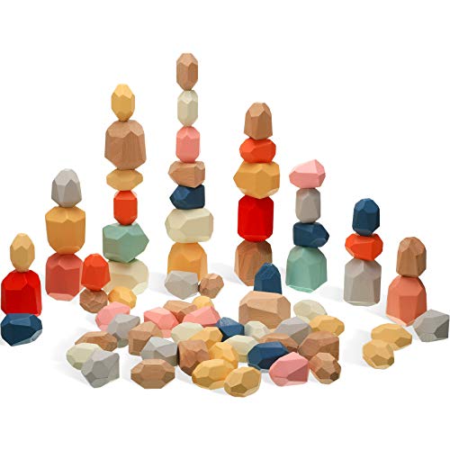 72 Pieces Wooden Rock Balancing Building Blocks Set Rainbow Wooden Stones Colored Stones Stacking Games Lightweight Educational Toys Colorful Shape Puzzle Blocks for Boys and Girls