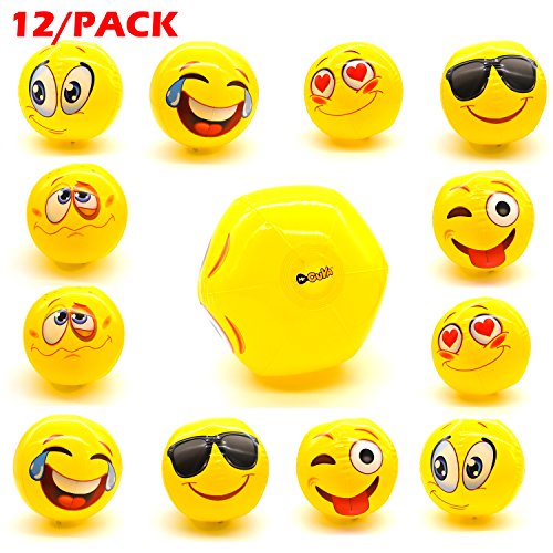 MrCUYA Emoji Inflatable Beach Balls 12-Pack of 12  6 Unique Emoji Smiley Face Designs Ball Perfect for Fun Games Swimming Pools Summer Camps