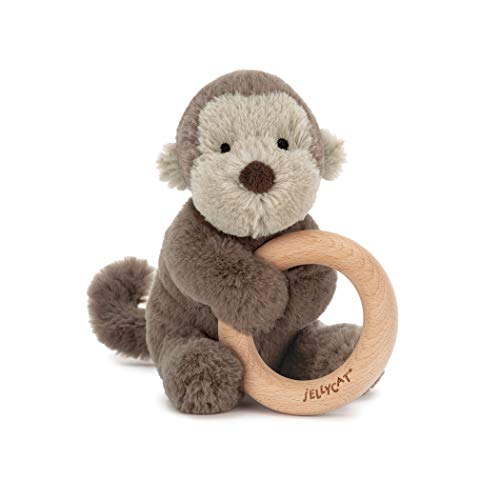 Jellycat Shooshu Monkey Wooden Ring Baby Rattle Teething Toy 6 inches