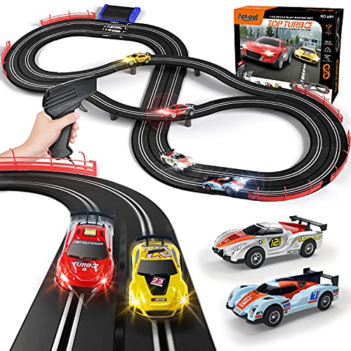 Electric Racing Tracks for Boys and Kids Including 4 Slot Cars 143 Scale with Headlights and Dual Racing Race Car Track Sets with 2 Hand Controllers Gift Toys for Children Over 8 Years Old