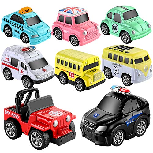 Geyiie Toys Pull Back Vehicles Car Toy Play Set Friction Powered Diecast Cars Trucks for Boys Toy Girls Toddler Kids Party Favors Stocking Fillers Age 38