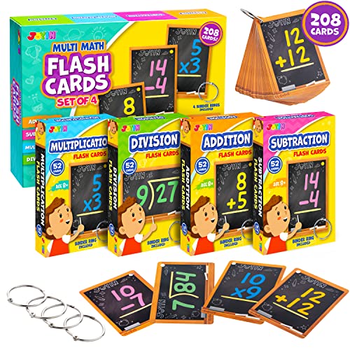 208Pcs Set of 4 Kids Math Flash Cards Addition Subtraction Multiplication Division Learning Flashcards Math Game for 1st 2nd 3rd 4th 5th 6th Grade Kindergarten Homeschool Educational Cards