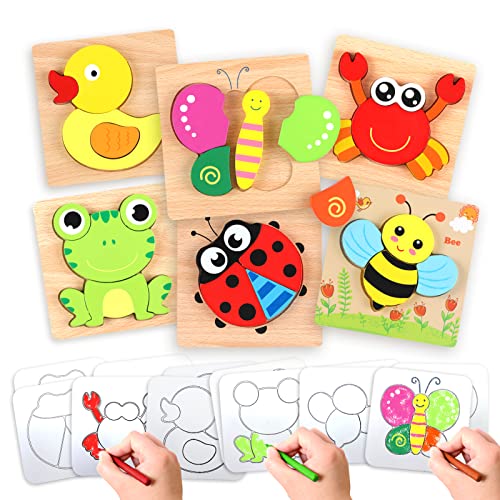 Wooden Puzzles for Toddlers  Educational Playset in Animal Pattern Shapes with Vibrant Colors Set of 6 Brain Building Peg Puzzles for Boys and Girls with Drawstring Storage Bag